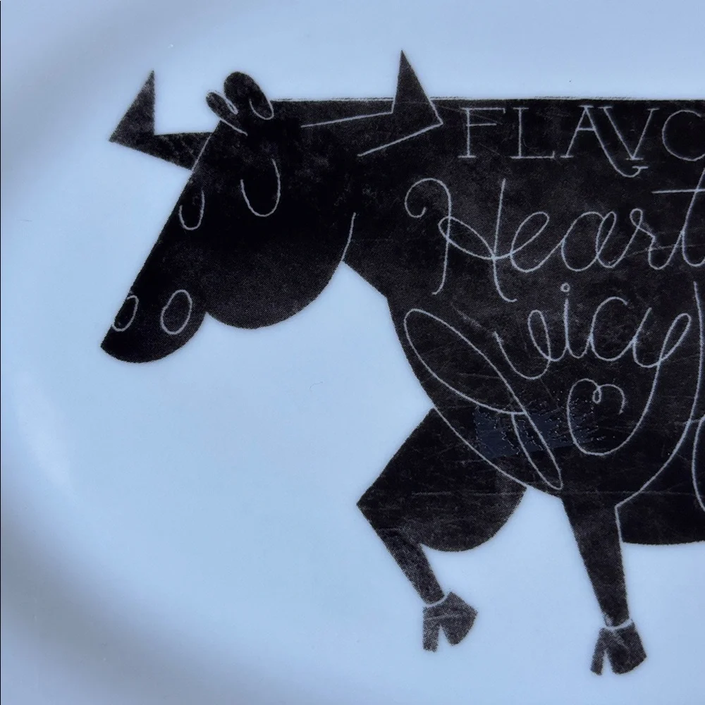 🐄Crate&Barrel Oval Cow Platter EUC Flavorful Rich Hearty Juicy Grassfed 11.75”